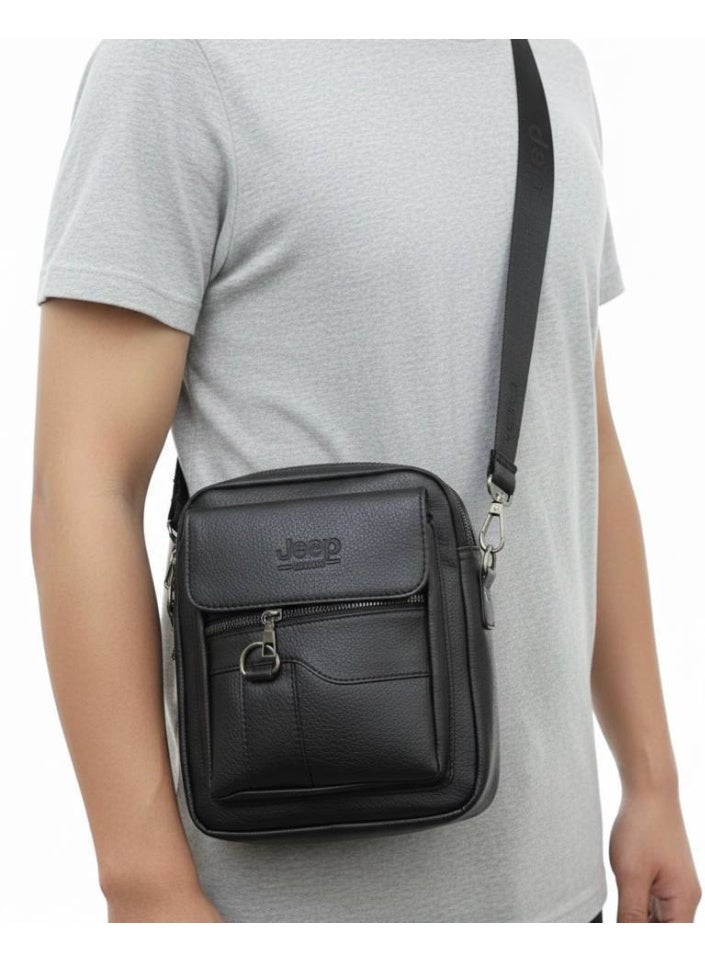 Jeep Men’s Black Leather Crossbody Bag with Top Handle and Front Zipper - Image 2